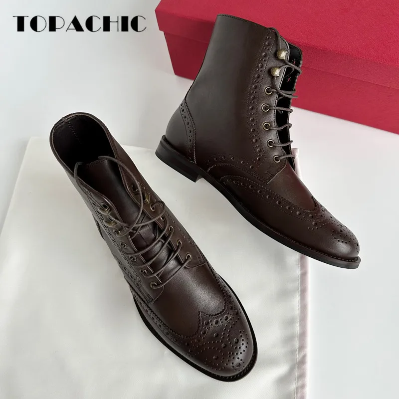 

9.14 TOPCHIC Women's Retro Pattern Genuine Leather Lace-up Shoes Skid Proof Hard Wearing Rubber Sole Short Martin Boots