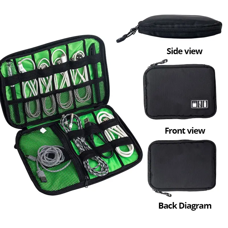 1pc Black Green Storage Bag Electronic Accessory Organizer Portable Usb Data Cable Charger Plug Travel Waterproof Organizer - 2