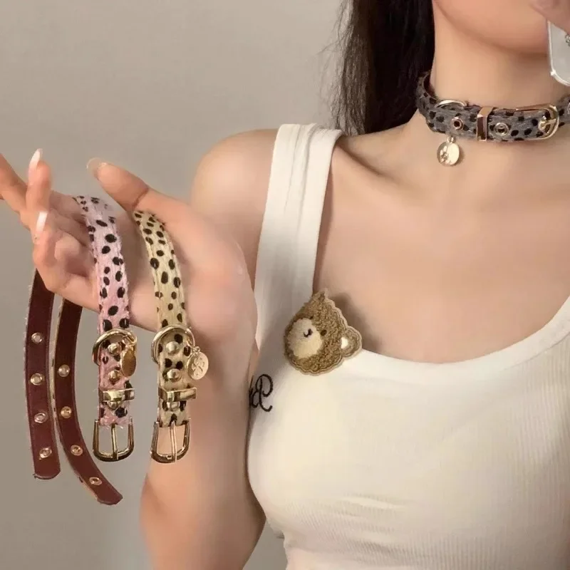 Y2k Sweet Cool Punk Puppy Footprint Pendant Necklace Leopard Pattern Plush Choker Collar Leather Neck Belt Party Jewelry Gifts