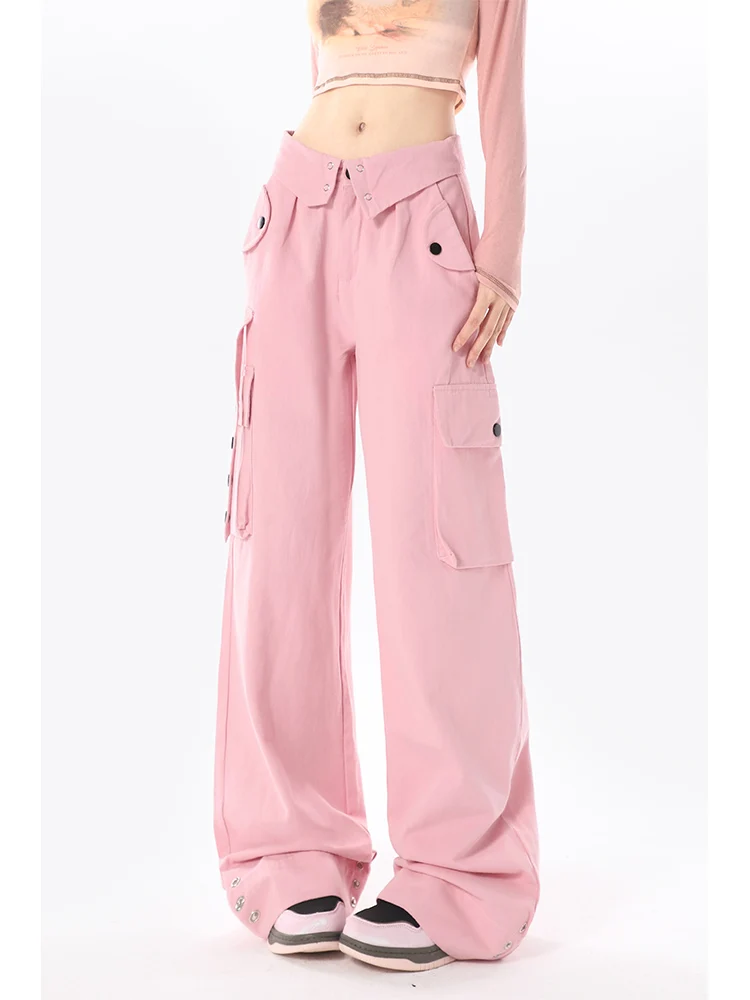 Pink Overalls Women's Washed Cotton Versatile Fashion Loose Casual New Autumn and Winter Warm High Waist Straight Wide-Leg Pants