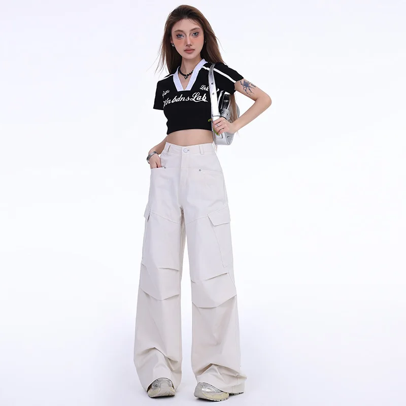 Denim Planet Wide Leg Workwear Pants for Women's Summer New Straight Tube Loose High Waist Slimming Pocket Niche Casual Pants