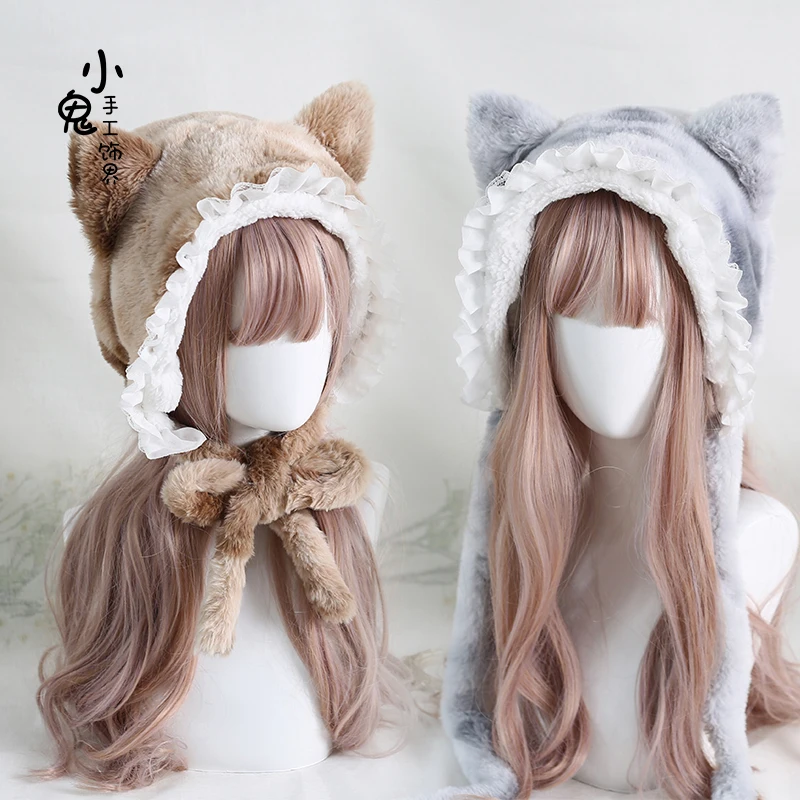 

Three Flower Cat Ears Cute Lace Autumn and Winter Ushanka Lolita Plush Tabby Cat Lolita Earflaps Head-Wrapping Hat