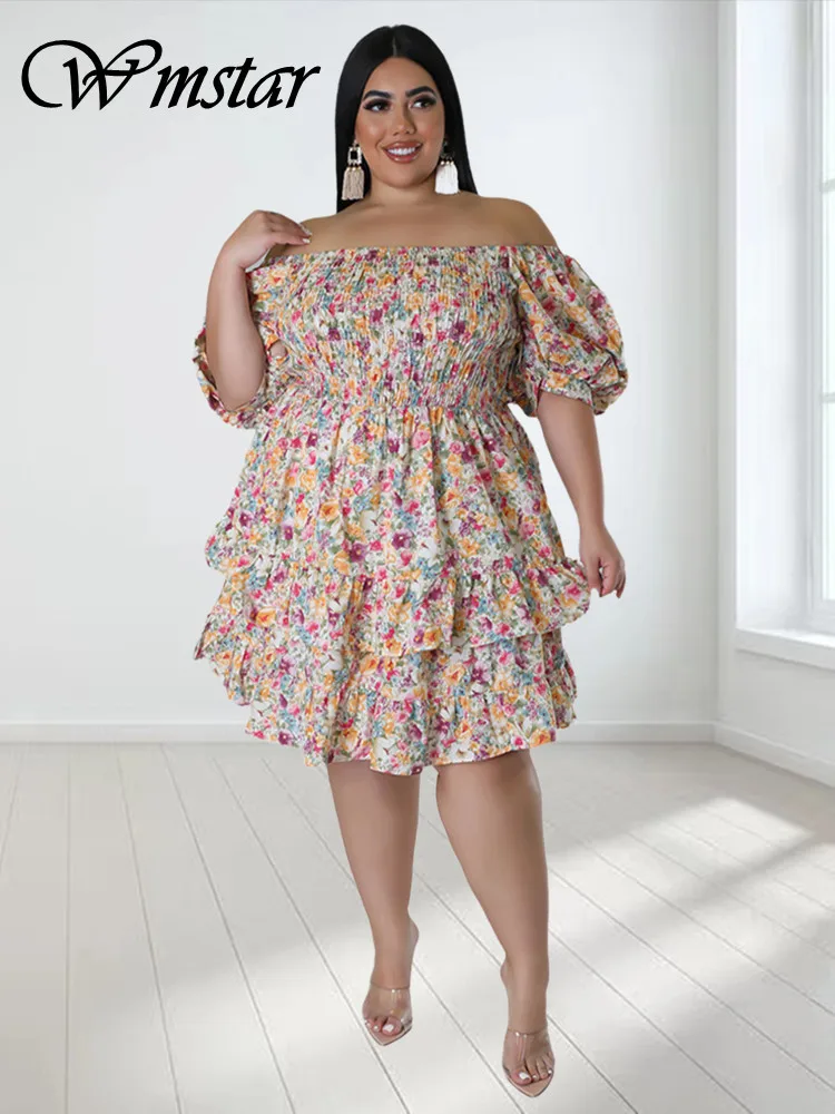 

Wmstar Plus Size Dresses for Women Summer Clothes Flower Print Shot Sleeve Big Hem Midi Dress New Style Wholesale Dropshipping