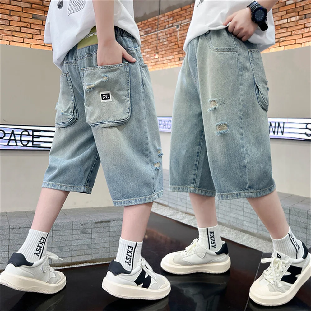 남아용 데님 반바지, 루즈핏 캐주얼 바지, 아동용 청바지, 남아용 데님 카프리, 71098 여름 착용