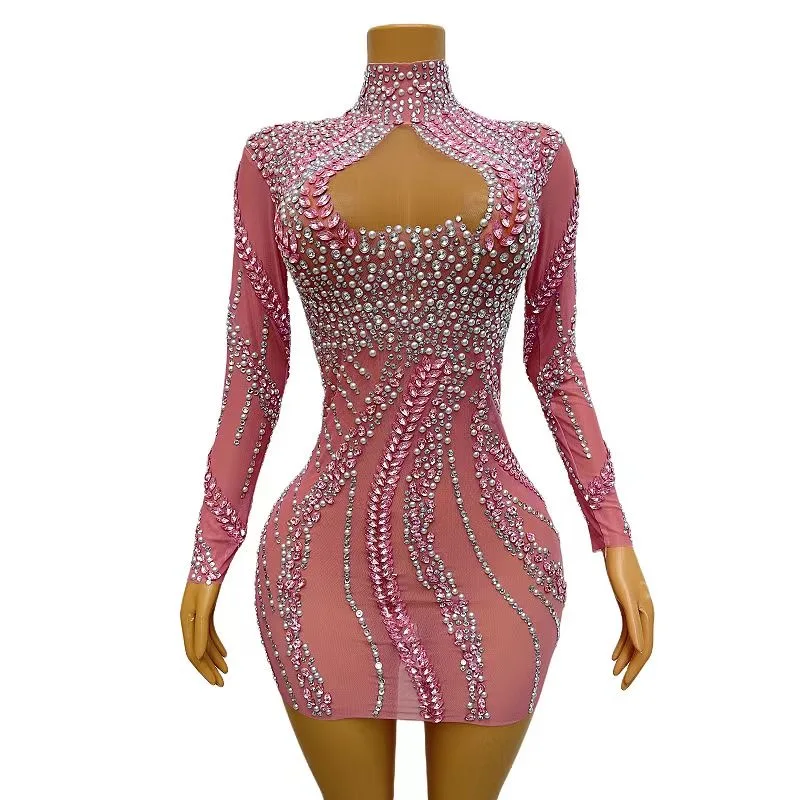 

Pink Silver Crvstals Stretch Transparent MeshDress Skinny Dance Costume Prom PartyNightclub Singer Performance Stage lianv C122