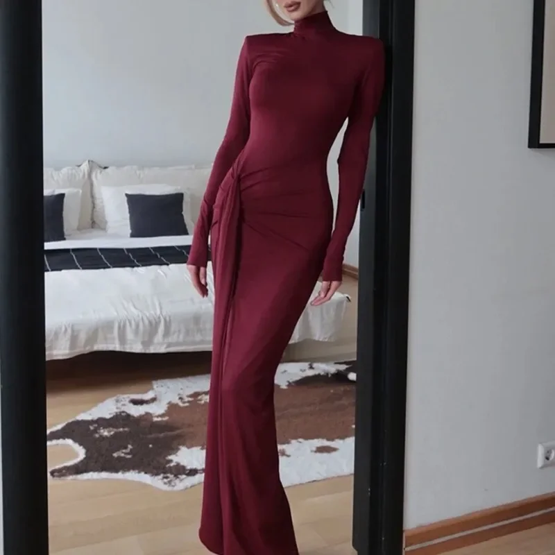 Autumn and Winter Fashion Women's Turtleneck Solid Color Dress Casual Long Sleeve Splicing Strap Waist Long Dress Evening Dress