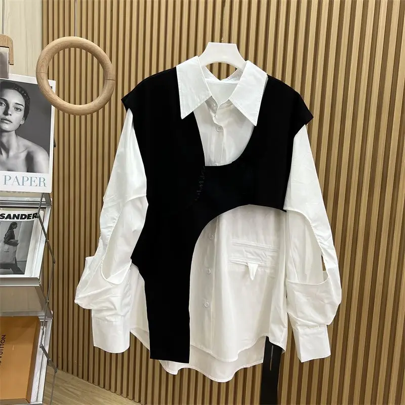 

Women 2024 Spring Autumn New Korean Long Sleeve Casual Shirt Female Patchwork Loose Blouses Ladies Turn Down Collar Shirts J80