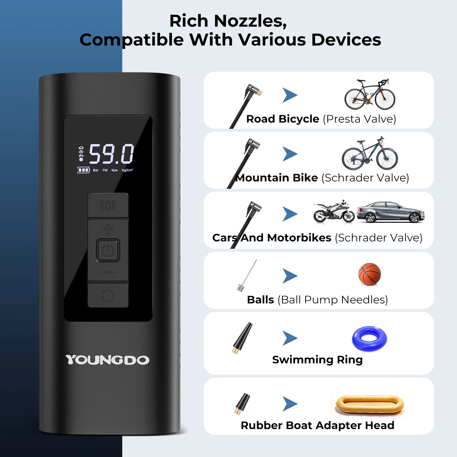 YOUNGDO Tyre Inflator Portable Air Compressor Digital Air Pump Electric Tire Inflator Quick Inflation Pump For Motocycle Bicycle 6