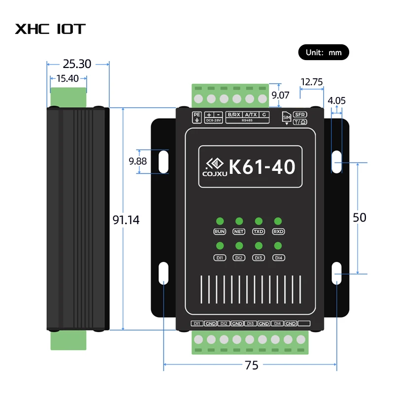 스위칭 값 RS485 데이터 투명 원격 변속기 XHCIOT K61-DL20 하드웨어 워치독 Modbus RTU/TCP 간섭 방지