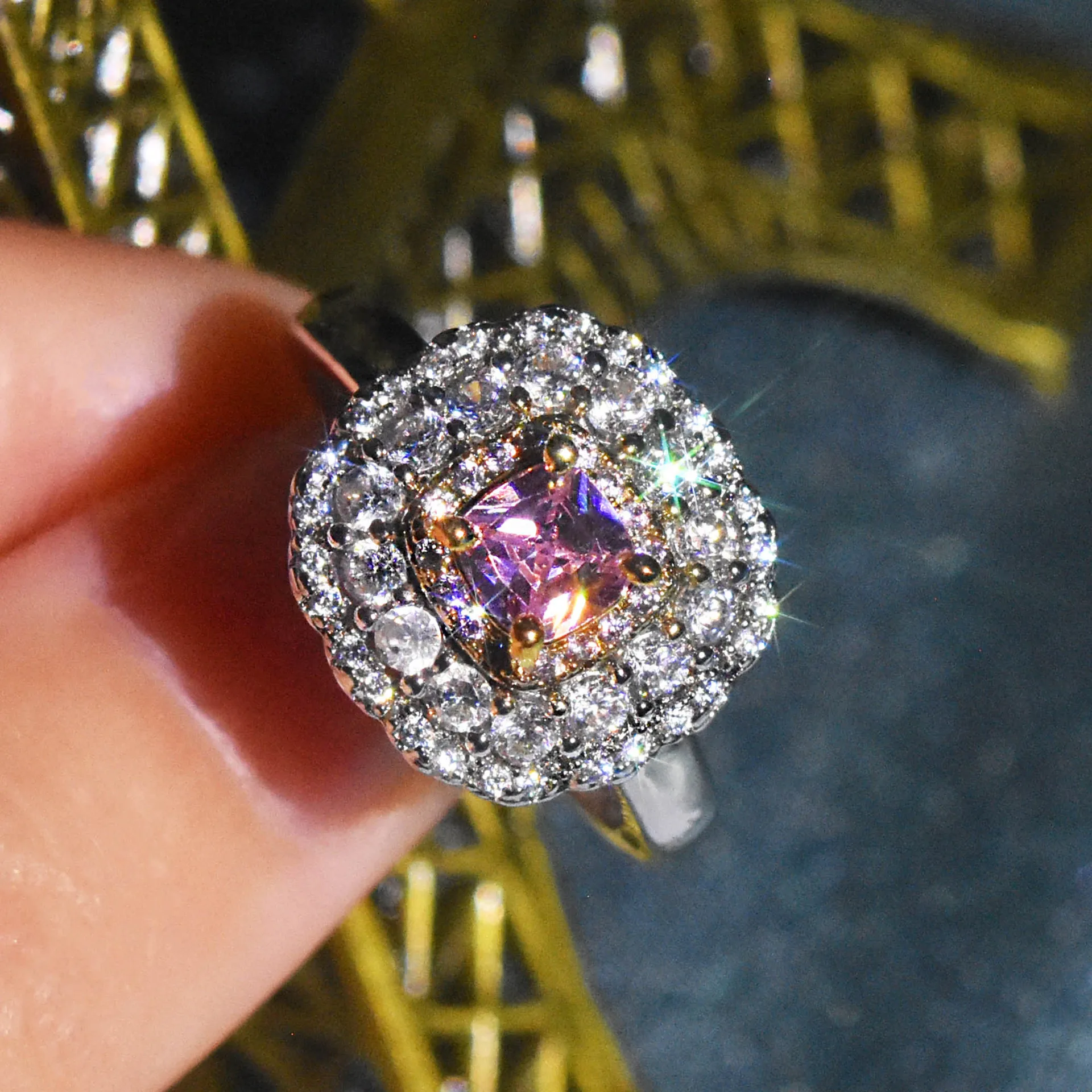 

100% S925 Sterling Silver Pink Diamond Jewelry Anel for Women Fine Wedding Bands Engagement Aros Mujer Oreja Orecchini Rings
