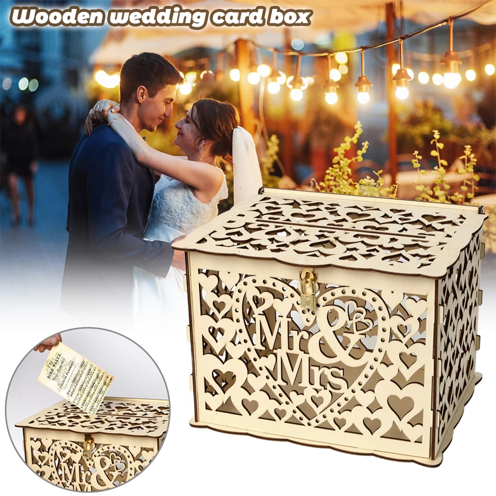 Wedding Card Box Carved Openwork Wooden Lock Mr&Mrs DIY Couple Love Pattern Envelope Sign Cards Decoration Party Supplies wooden gift card boxes wedding place cards
