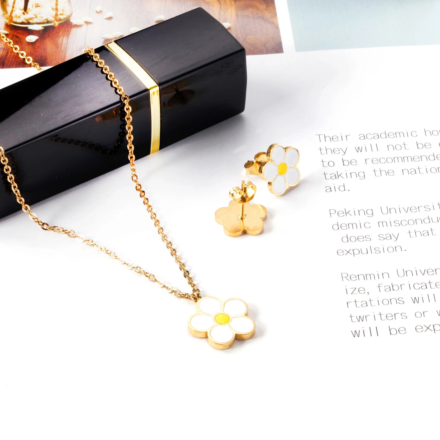 Jewelry Sets Women Jewelry Sets Yellow Flowers Pendant Necklace Earrings Stainless Steel Gold Color Trendy Summer
