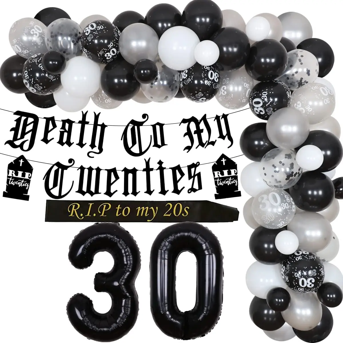 RIP to My 20s Birthday Decorations Death to My Twenties Dirty 30th Birthday Party Set in Black Gothic Themed Decor Number 30 Balloons,Flowers, Cake Toppers,Sash,Banners, Funeral for Youth for Her Him