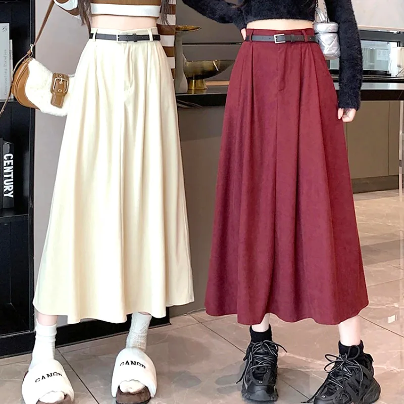 

Vintage Corduroy Belt Pleated Skirt For Women Autumn/winter A-line Long Skirt For Women Elegant Elastic High Waist Skirt