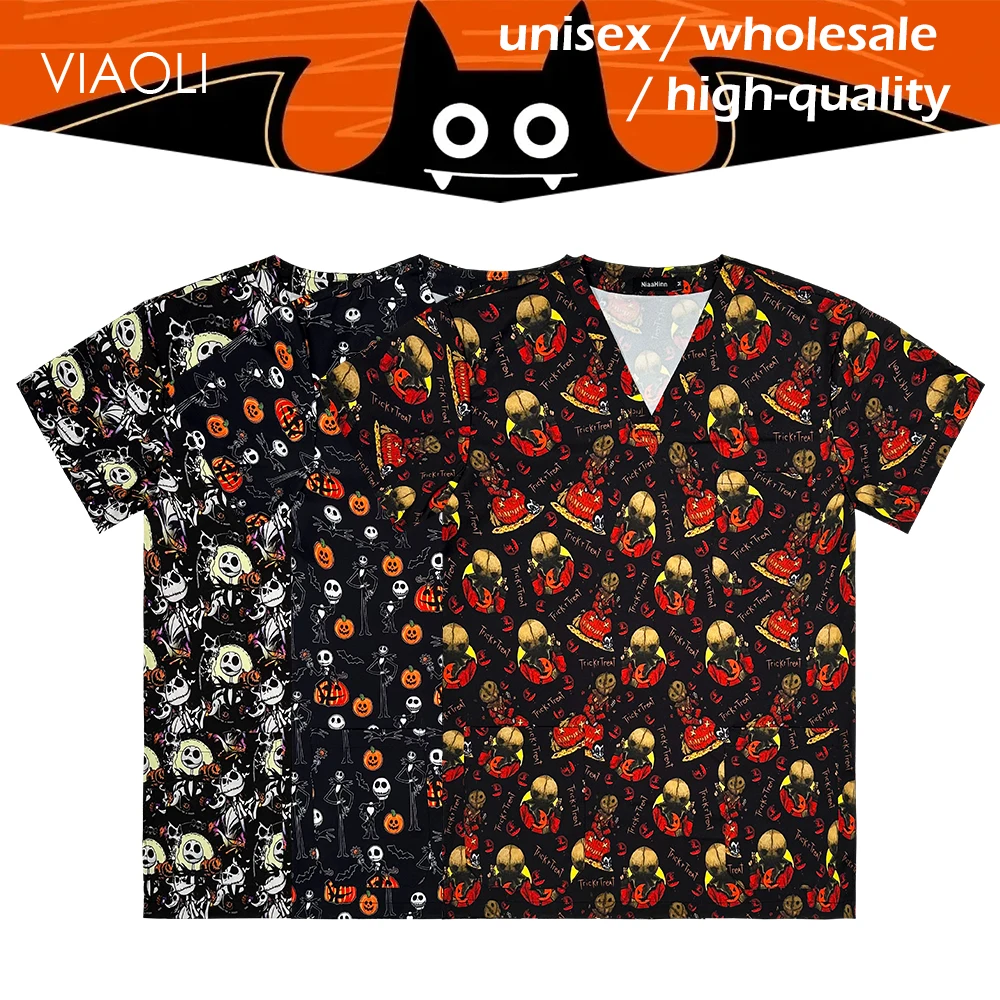 

Медицинская хирургическая одежда, Хэллоуин, топы с мультяшным принтом, рубашка для врачей, медсестер, кормления, стоматологическая ветеринарная клиника, медицинская форма