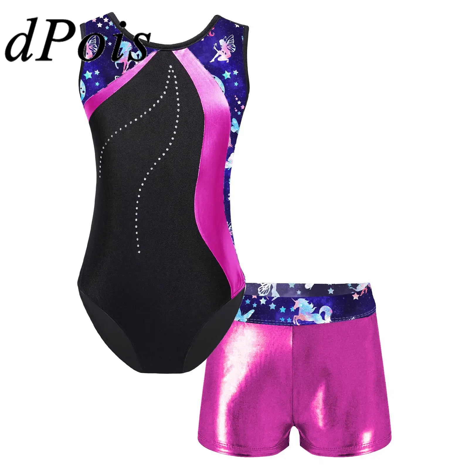 

Skating Bodysuit Kids Girls Sleeveless Printed Patchwork Ballet Dance Leotards with Shorts Children Rhythmic Gymnastics Jumpsuit