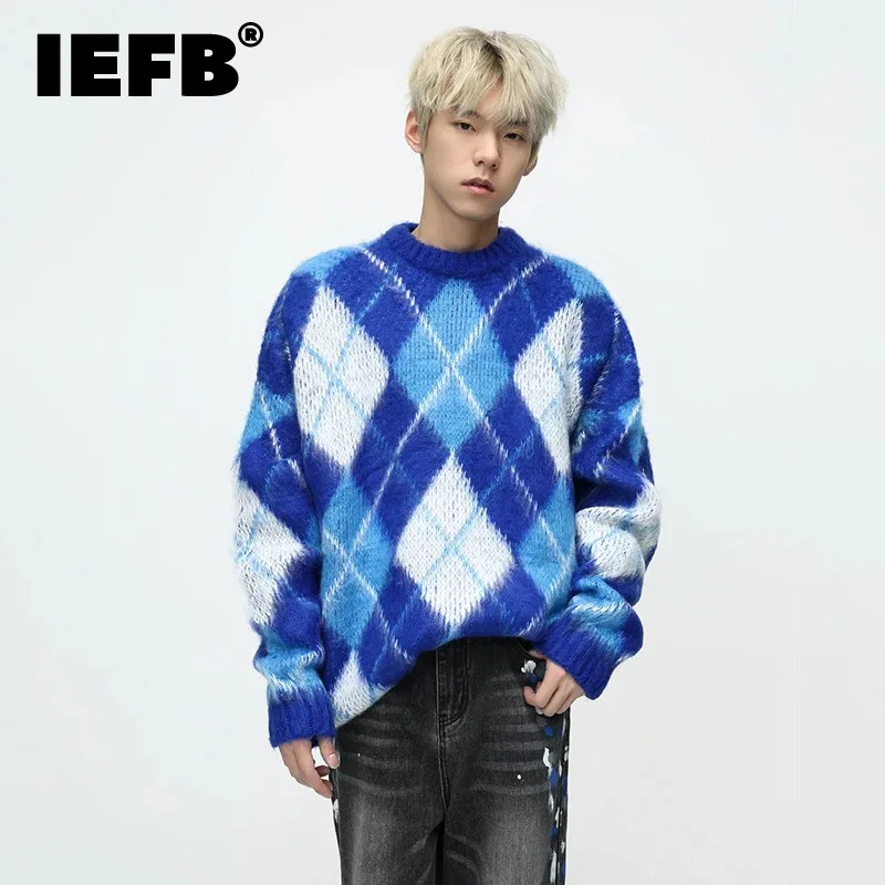 

IEFB Autumn Winter Men's Clothing Plaid Niche Design Loose Sweater Fashion Round Neck Knitwear Trend 2023 New Pullovers 9C3192