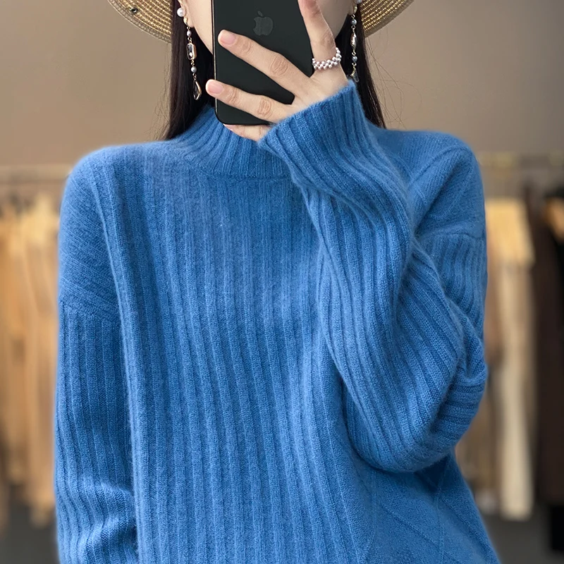 

100% cashmere merino wool thick round neck solid color autumn and winter new pullover sweater women's knitted fashion top