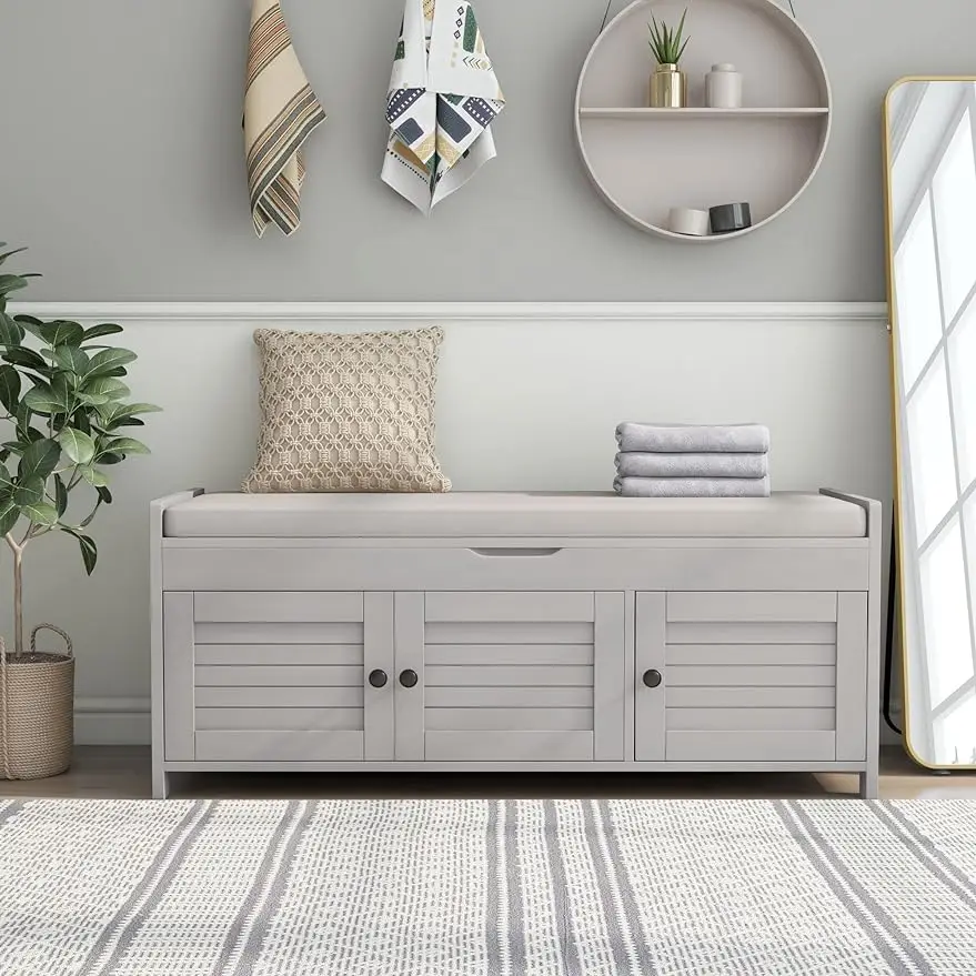 

Entryway Bench with 2 Storage Cabinets & Removable Upholstered Cushion, Rustic Style Shoe Racks