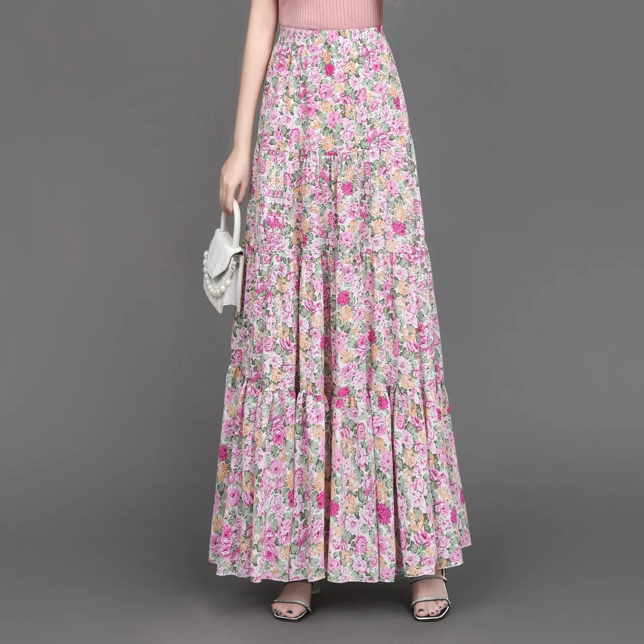 

2024 New Spring Summer Retro Chiffon Floral Skirt, For Women Clothes, Elegant Elastic High Waist Pleated Wrap Skirts, Long Skirt