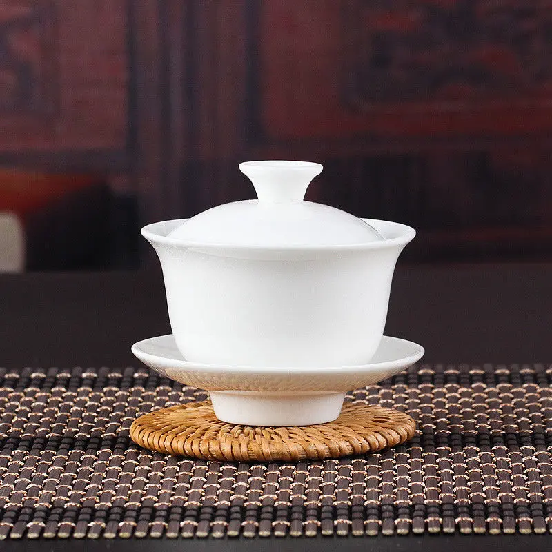 [GRANDNESS] Chinese Gaiwan Tea Set Kung Fu White Ceramic Gaiwan White Teaware Sancai Tea Cup
