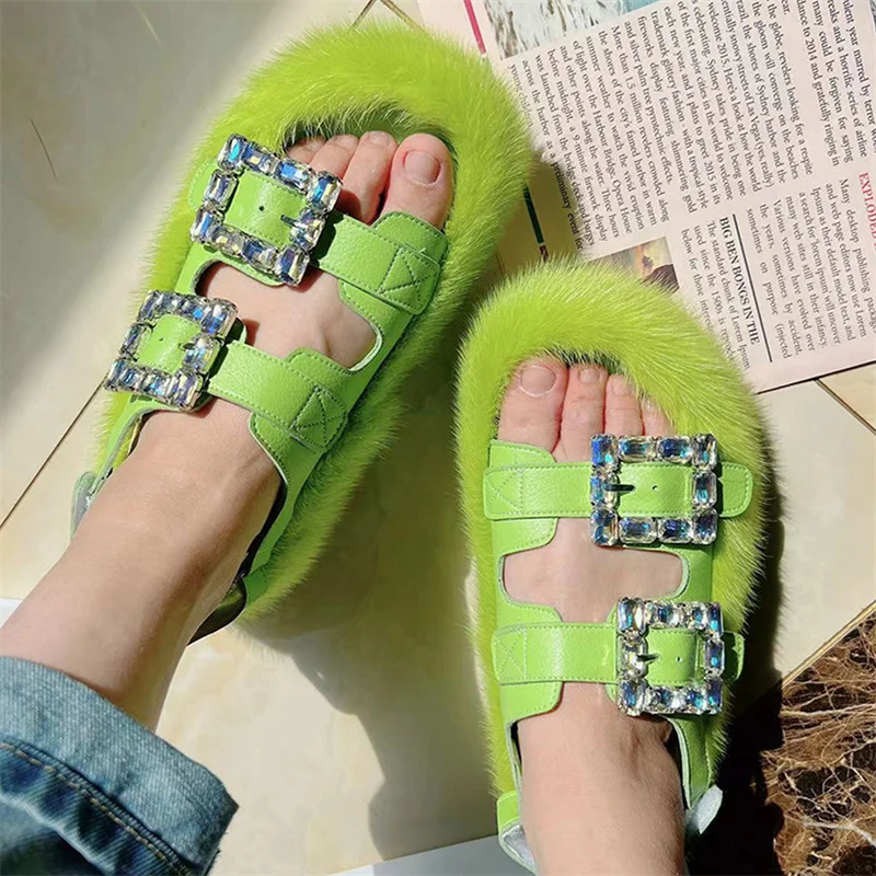 High Quality Furry Fur Sandals Winter Women's Casual Warmth Mink Fur Slippers Lace Up Rhinestone Home Sandals