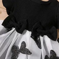 0-3 Years Old Summer New Baby Girl Round Neck Flying Sleeve Bow Design Stitched Mesh Fashion Casual Dress 4