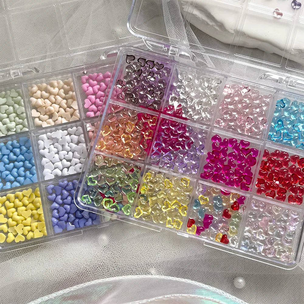 12칸 컬러풀 아이스 투명 하트 러브 네일 라인스톤 3D 글리터 크리스탈 러브 하트 네일 참 5*5mm 믹스 레진 네일 데코레이션