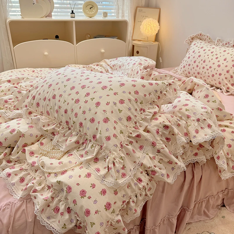 

100% Cotton Vintage Countryside Rose Floral Lace Ruffles Duvet Cover Set Bed Skirt Or Bed Sheet Pillowcases Girls Bedding Set