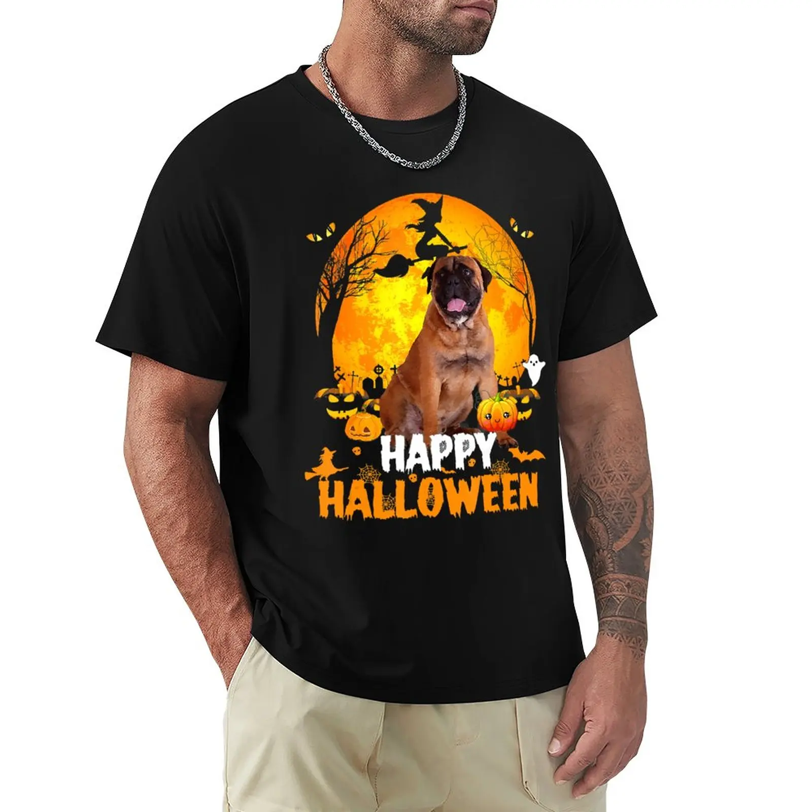 Bullmasttiff Dog Happy Halloween Day With The Moon & Pumpkin T-Shirt Vestiti Estivi Oversize Plus Size Maglietta Firmata Da Uomo