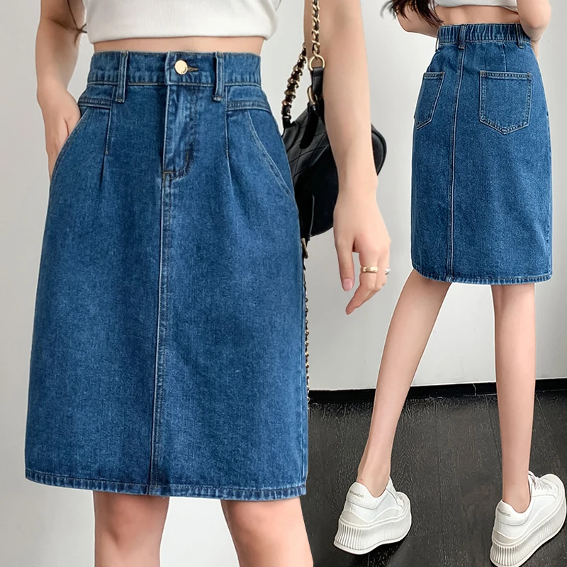 

New Korean Fashion Sexy Splicing Fold Woman Skirts Womens Medium-long Jean Skirt Casual Female Girls Denim Skirt Dropshipping