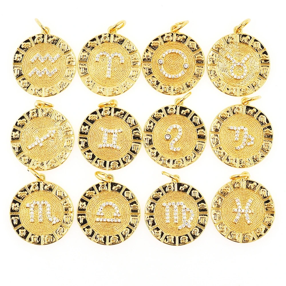New Twelve Constellation Pendant Necklace CZ Gold Plated Charm Zodiac Metal Astrology DIY Keychain Jewelry Accessories For Women 5