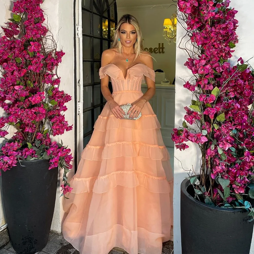 

Sevintage Elegant Tiered Ruffles Tulle Prom Dresses Off the Shoulder A-Line Pleat Ruched Evening Gowns Special Occasion Gown