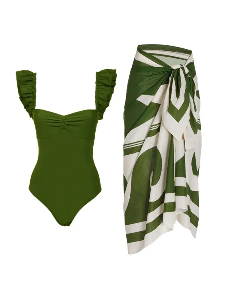 

Однотонный слитный купальник с оборками для женщин, новинка 2024, бикини с высокой талией, одежда для плавания, пуш-ап с шифоновой пляжной юбкой для отпуска