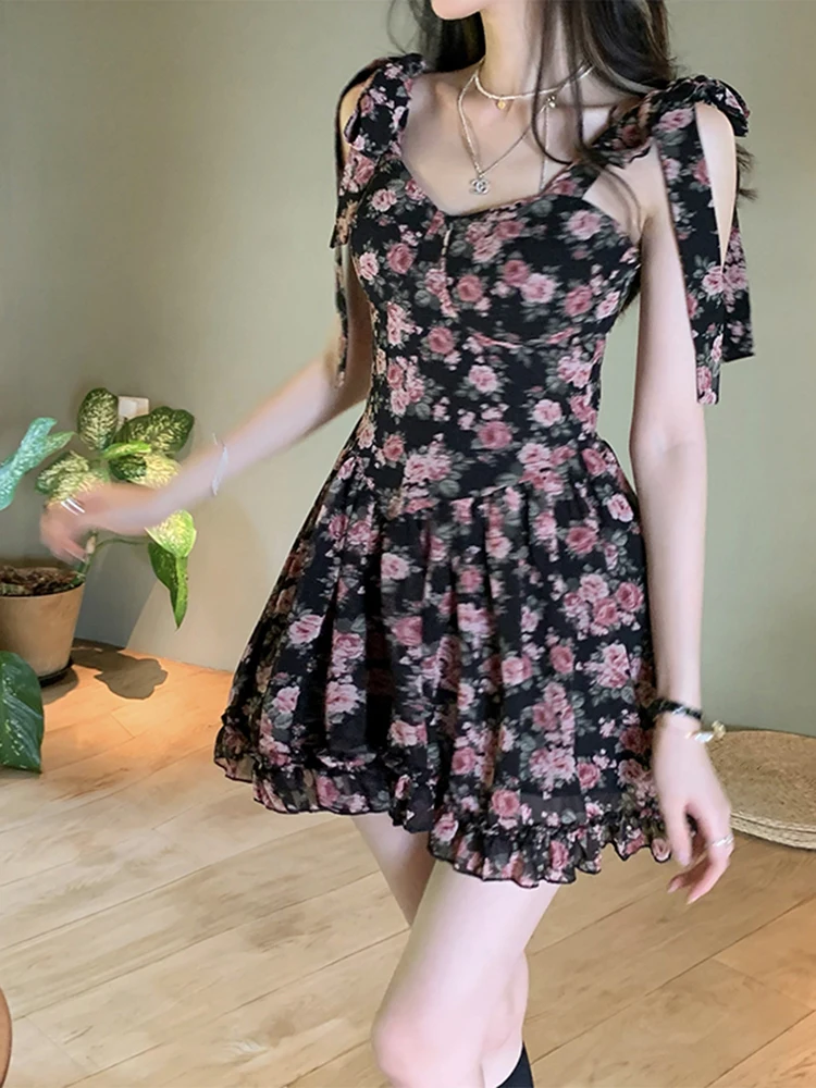 

Women Summer Dress Bow tie floral lace up suspender dress French first love sweet and spicy waistband slimming dress D3673