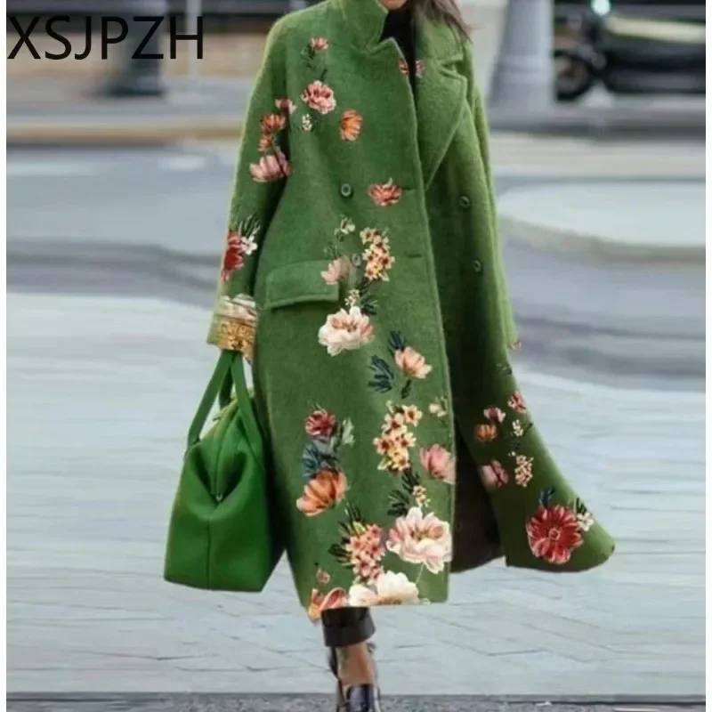 

Autumn Street Lady Long Cardigan Coats Fashion Floral Print Pocket Long Sleeve Jacket 2023 Winter Women Elegant Blend Wool Coat