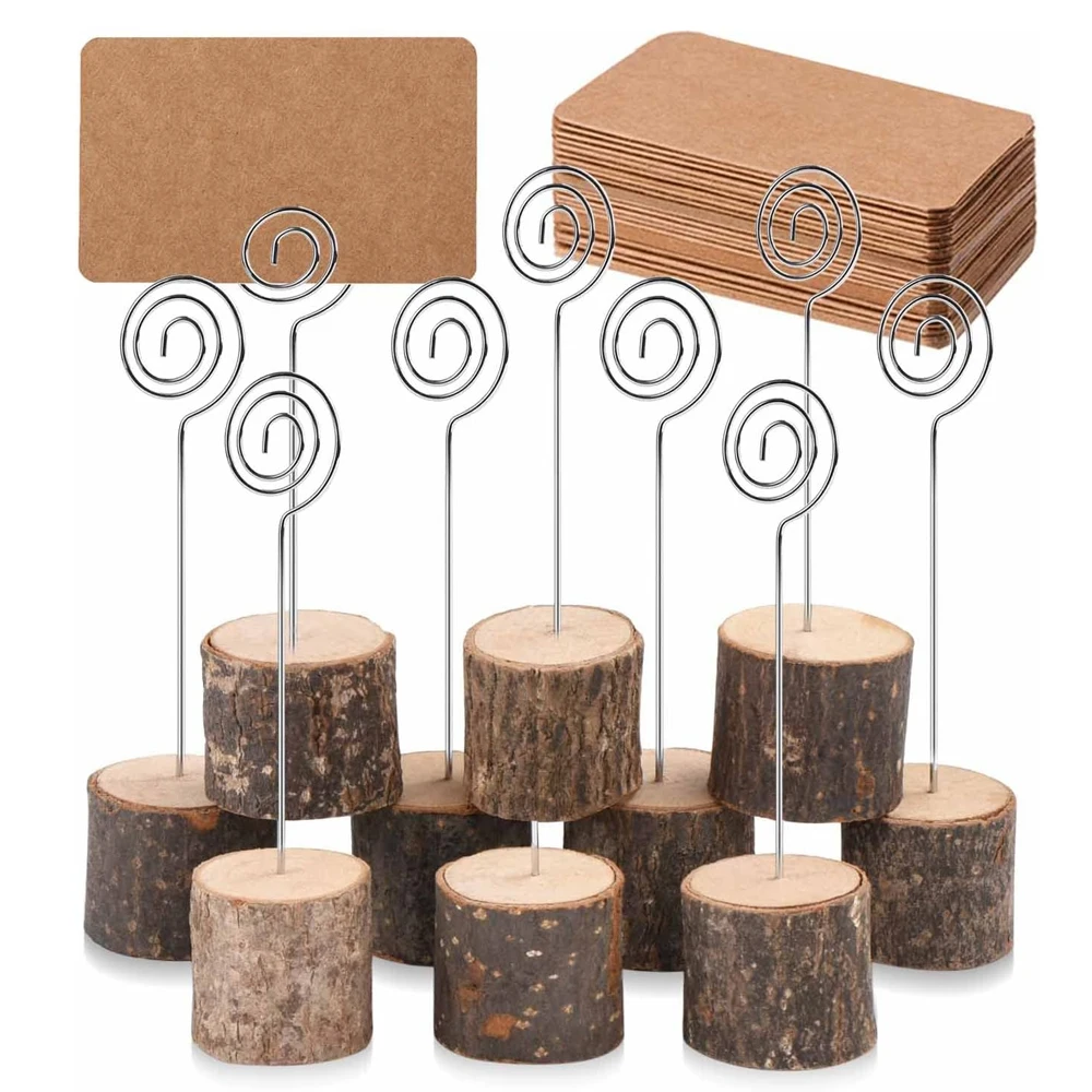 10/20Pcs Wood Place Card Holders with Swirl Wire Rustic Name Cards Photo Holders Wood Table Number Stands for Wedding