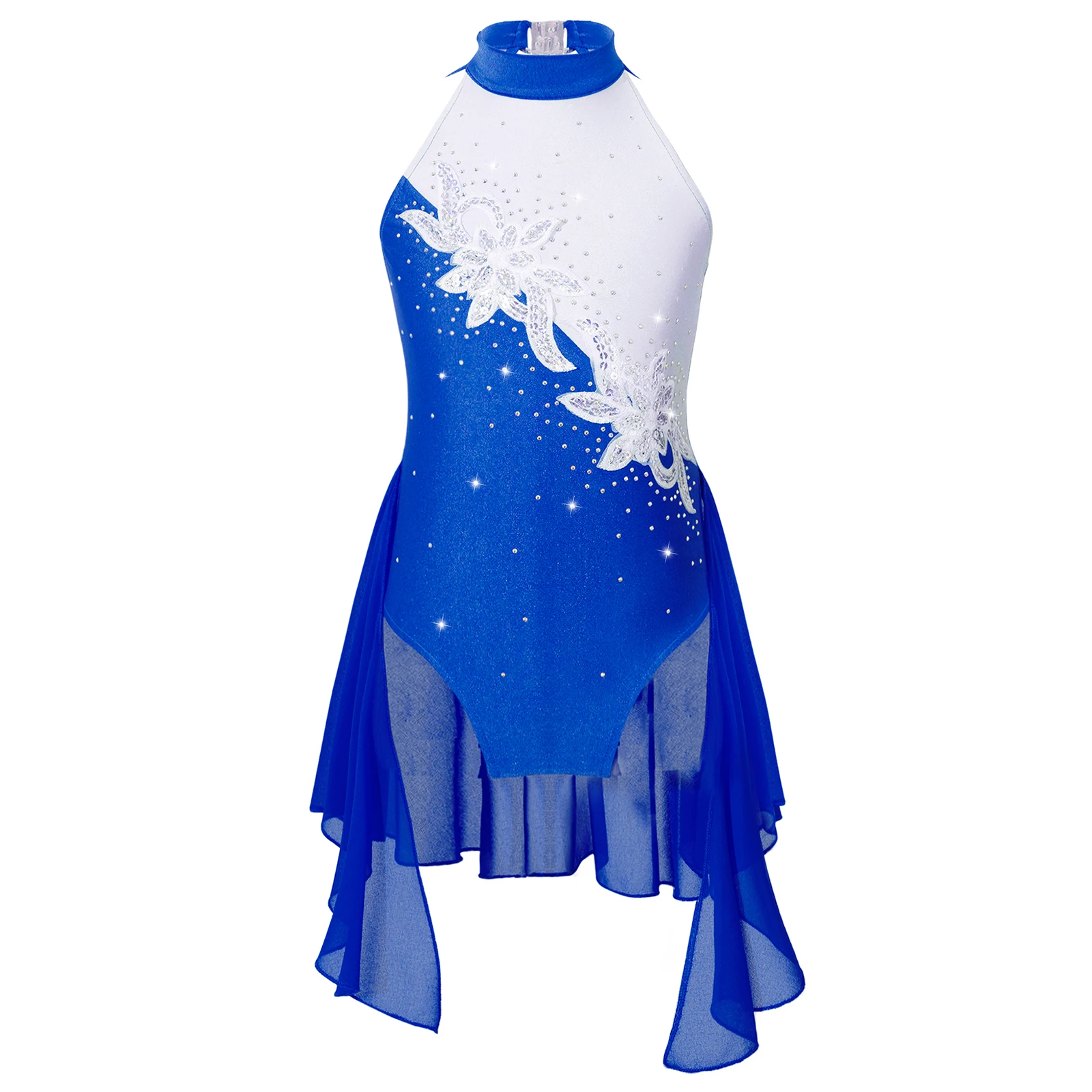 thumbnail image 1 of Vestido de malla de gimnasia para niñas, con lentejuelas brillantes, malla transparente, escote en forma de cerradura, sin mangas, para patinaje artístico, baile lírico, 1 of 5