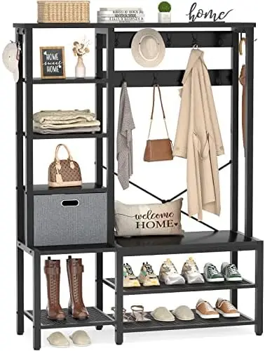 

Tree with Storage Bench, Coat , 5-Tier Shelves, Fabric Storage Basket, Side hooks, 71\u2019\u2019 Industrial 5 in 1 Large Organi