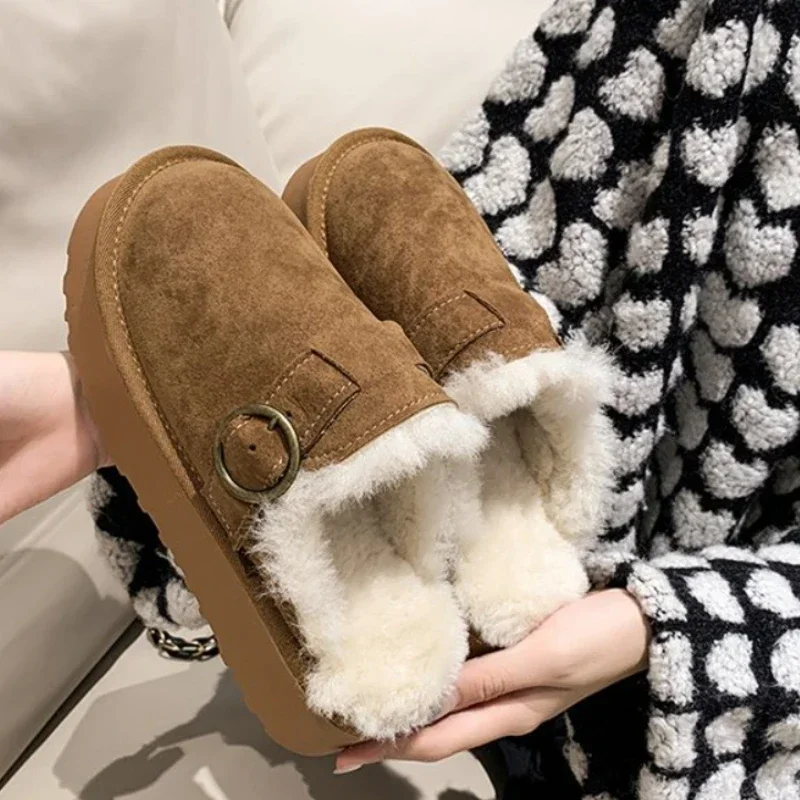 

Women Thicken Plush Fur Slippers Winter 2022 Slip on Chunky Platform Loafers Mules Woman Thick Bottom Cotton Slippers Flip Flops