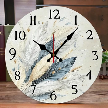 Abstract Feather Wooden Round Silent Hanging Wall Clock 1