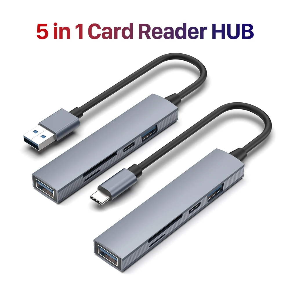 USB C para SD TF Card Reader HUB, Transmissão de Dados Adaptador, Splitter para Acessórios do Telefone, 2 Portas, USB 2.0 Tipo C, 5 em 1