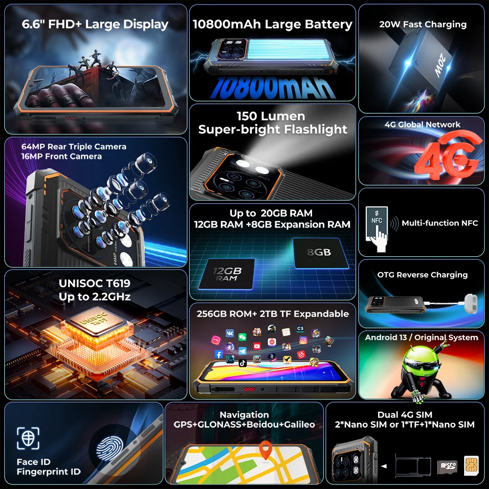 HOTWAV Cyber 13 Pro Rugged Smartphone Android 13 20GB+256GB 150LM Flashlight 6.6 Inch FHD+ 10800mAh 20W 64MP Cellphones On Sale