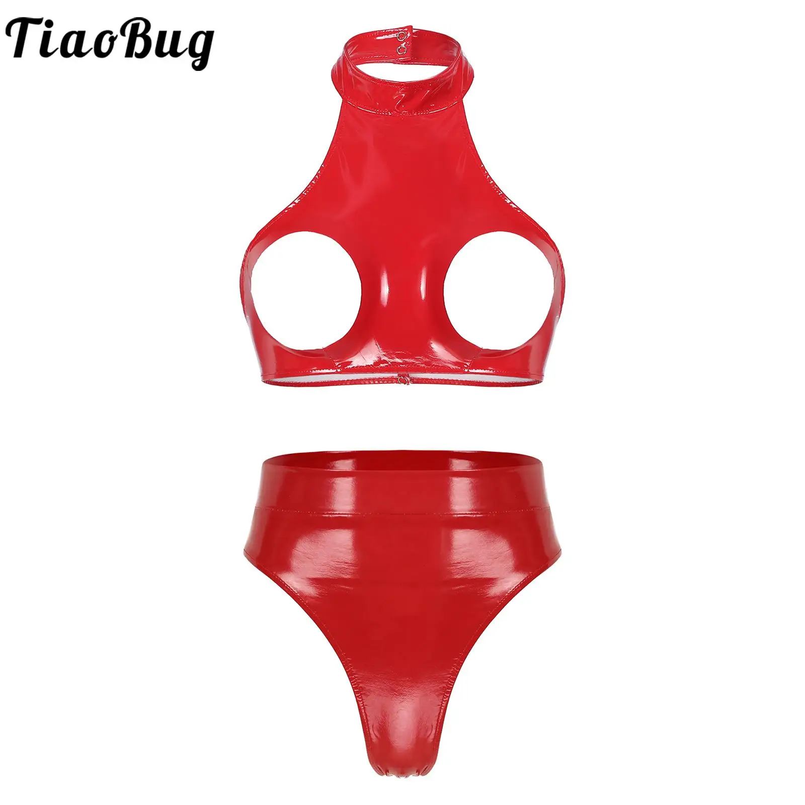 

Women Sexy Patent Leather Underwear Sleeveless Halter Neck Backless Open Bust Crop Tops with High Waist Thong Briefs Set