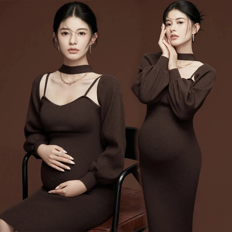 new-maternity-photography-skirt-autumn-and-winter-elegant-knitting-dress-simple-daily-lantern-sleeve-coat-tight-fitting-dress