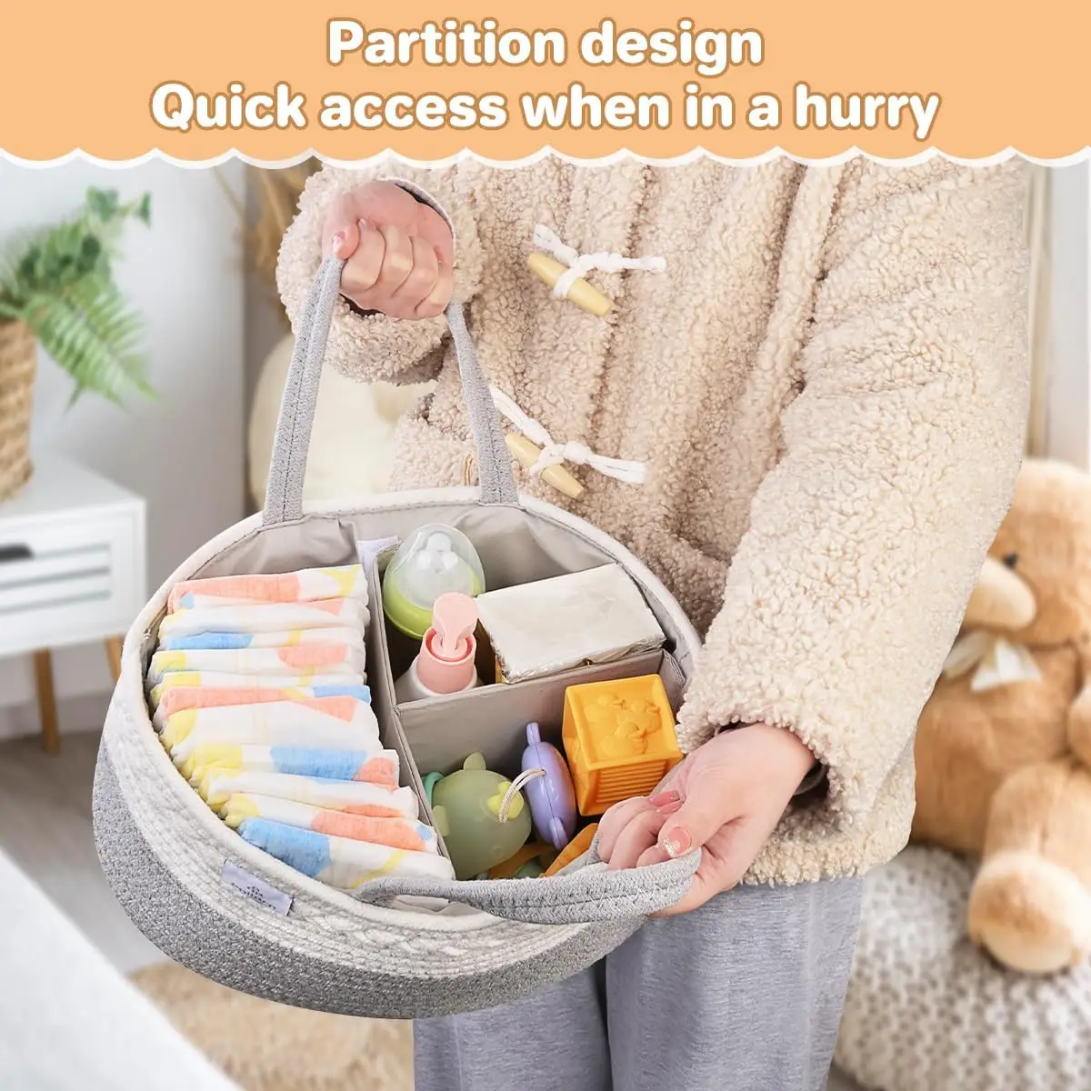 Diaper Caddy Organizer, Cotton Rope Diaper Caddy Basket, Woven Diaper Caddy with Dividers, Nursery Storage Basket