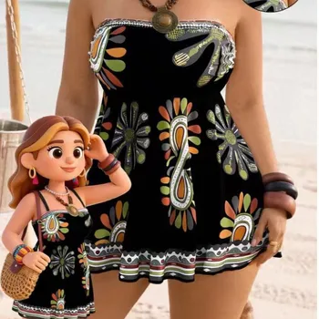 2026 Plus Size Floral Print Skirted Bikini Set Bandeau Strapless Swimwear with Cover Up Dress for Beach Vacation Large Swimsuit