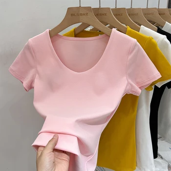 تي شيرت نسائي صيفي من AOSSVIAO 2025 برقبة على شكل حرف U وأكتاف عادية وأكمام قصيرة قطع علوية نسائية أساسية متينة للشباب مع وسادات حمالة صدر تي شيرت