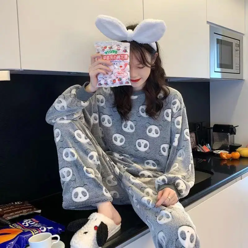 

Women's Pajamas 2 piece Set Winter Flannel Long-sleeved Sweet Velvet Coral Fleece Kawaii Clothes for Women Sleepwear Drop Ship