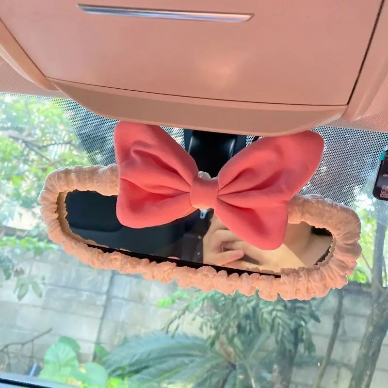 Velvet Retro Red Bow Car Mirror Cover Universal Stretch Soft Plush Auto Interior Rearview Mirror Case Decor Accessories Women